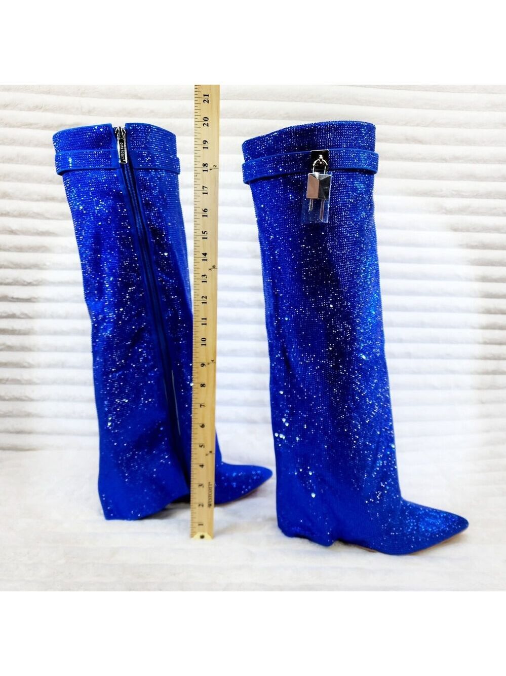 NIB Super Sparkle Sharky Skirted Fold Over Wedge Heel Knee Boots Royal Blue - Picture 12 of 15